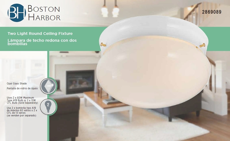 Boston Harbor F14BB02-8005-WH Two Light Round Ceiling Fixture, 120 V, 60 W, 2-Lamp, A19 or CFL Lamp, White Fixture