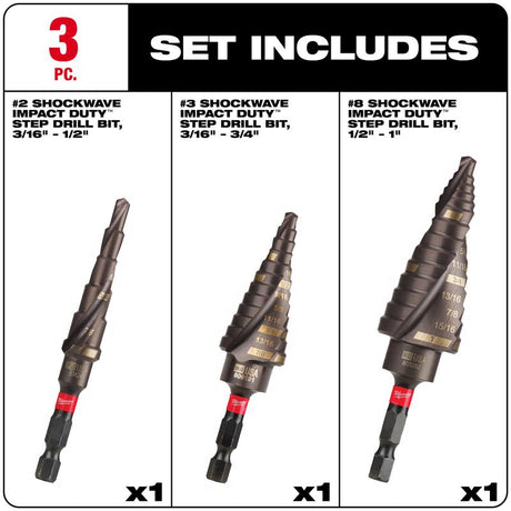Milwaukee Shockwave 3/16 to 1 in. High Speed Steel Impact Step Bit Set Quick-Change Hex Shank 3 pc