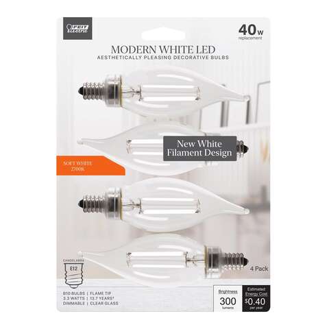 Feit White BA10 E12 (Candelabra) Filament LED Bulb Soft White 40 Watt Equivalence 4 pk