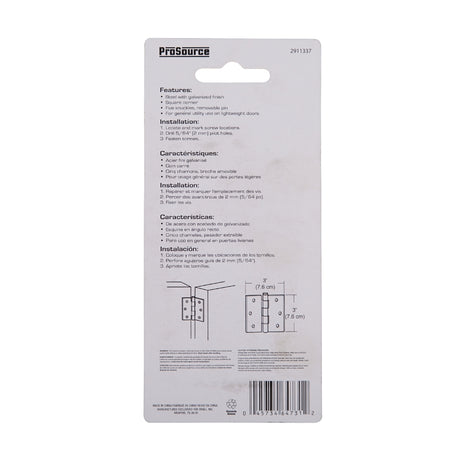 ProSource LR-044-PS Utility Hinge, Steel, Galvanized, Removable Pin, 180 deg Range of Motion, Full Mortise Mounting