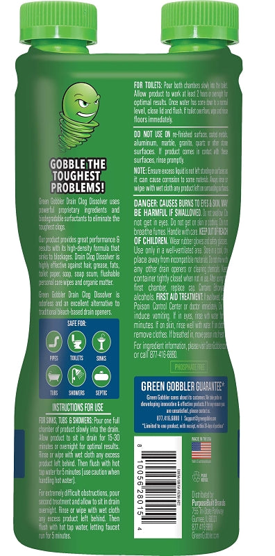 Green Gobbler G8615 Liquid Hair and Grease Clog Remover, Liquid, Colorless, Odorless, 32 oz Bottle