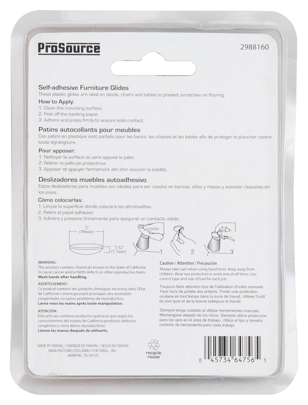 ProSource FE-50102-PS Furniture Glide, PTFE, Blue, Blue, 2 x 2 x 7/32 in Dimensions