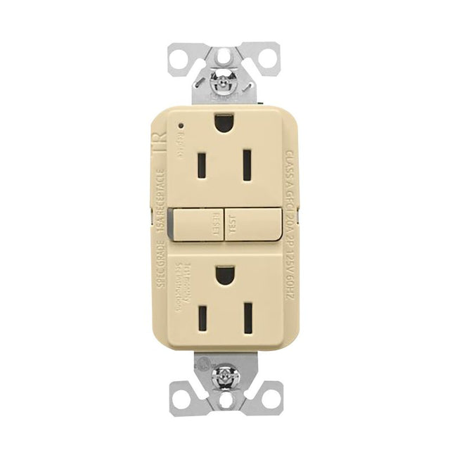Eaton TRGF15V Self-Test GFCI Receptacle, 125 V, 15 A, NEMA: NEMA 5-15R, Back, Side Wiring, Ivory