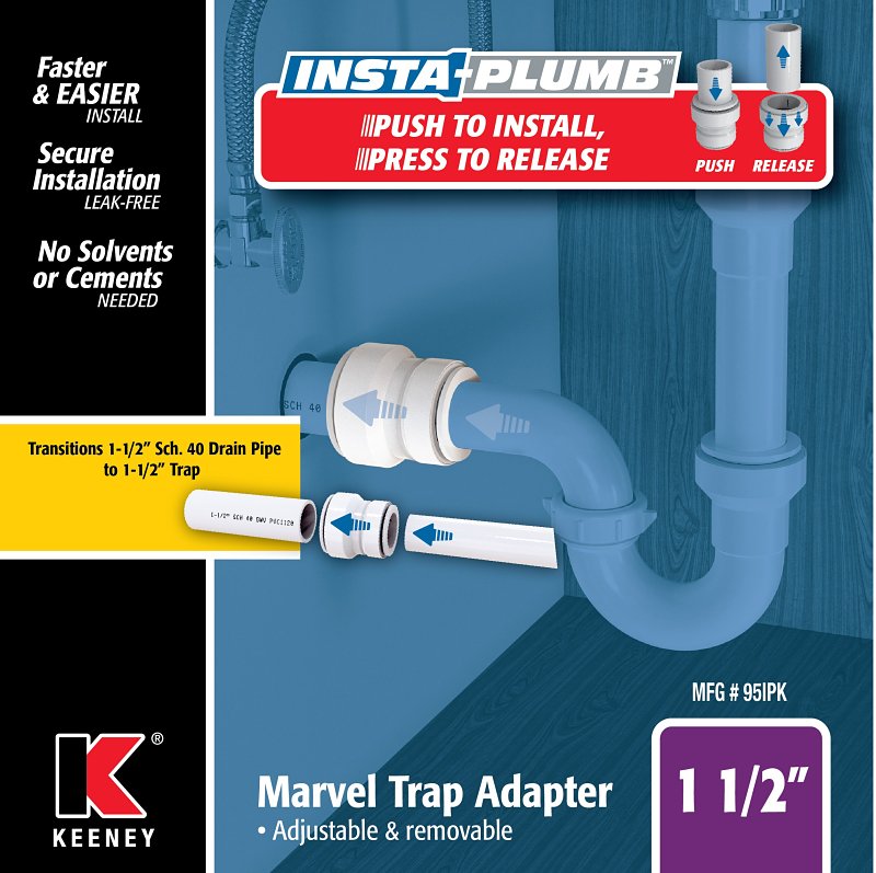 Insta-Plumb 95IPK Trap Pipe Adapter, 1-1/2 in, Push-To-Connect, Plastic, White