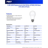 Feit A19 E26 (Medium) LED Bulb Soft White 25 Watt Equivalence 4 pk