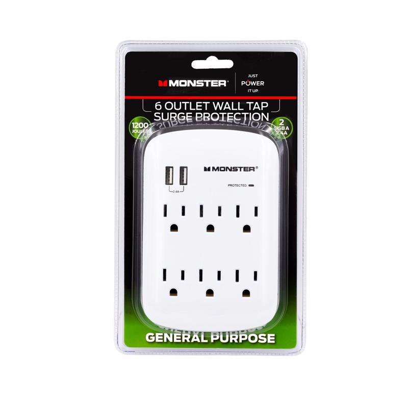 Monster Just Power It Up 0 ft. L 6 outlets Wall Tap Surge Protector w/USB White 1200 J