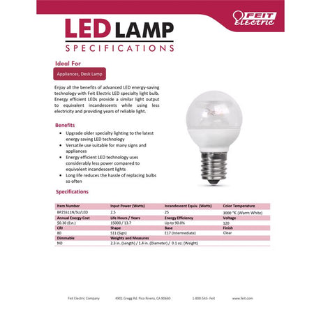 Feit S11 E17 (Intermediate) LED Bulb Warm White 25 Watt Equivalence 1 pk