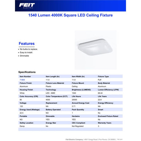 Feit LED 2.5 in. H X 12 in. W X 12 in. L Aluminum White LED Ceiling Light Fixture