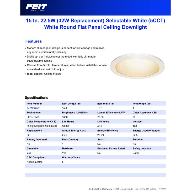 Feit EDGELIT 1 in. H X 15 in. W X 15 in. L White LED Flat Panel Light Fixture