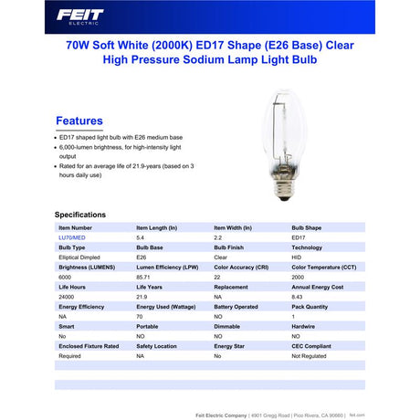 Feit 70 W ED17 HID Bulb 6000 lm Soft White High Pressure Sodium 1 pk