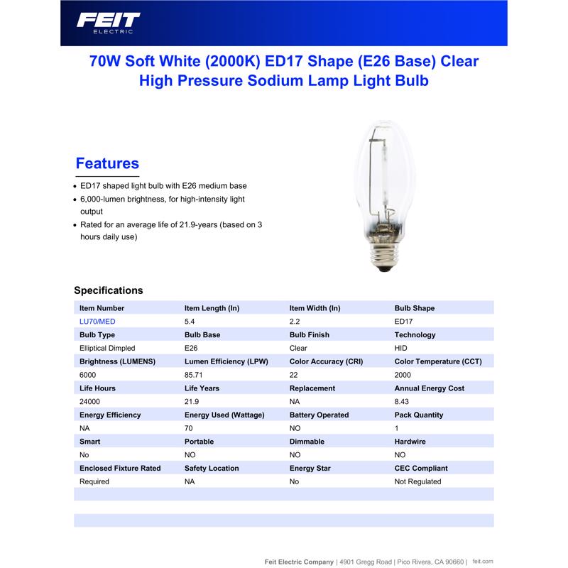 Feit 70 W ED17 HID Bulb 6000 lm Soft White High Pressure Sodium 1 pk