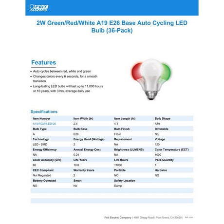 Feit A19 E26 (Medium) Auto Cycling LED Bulb Green/Red/White 2 Watt Equivalence 1 pk