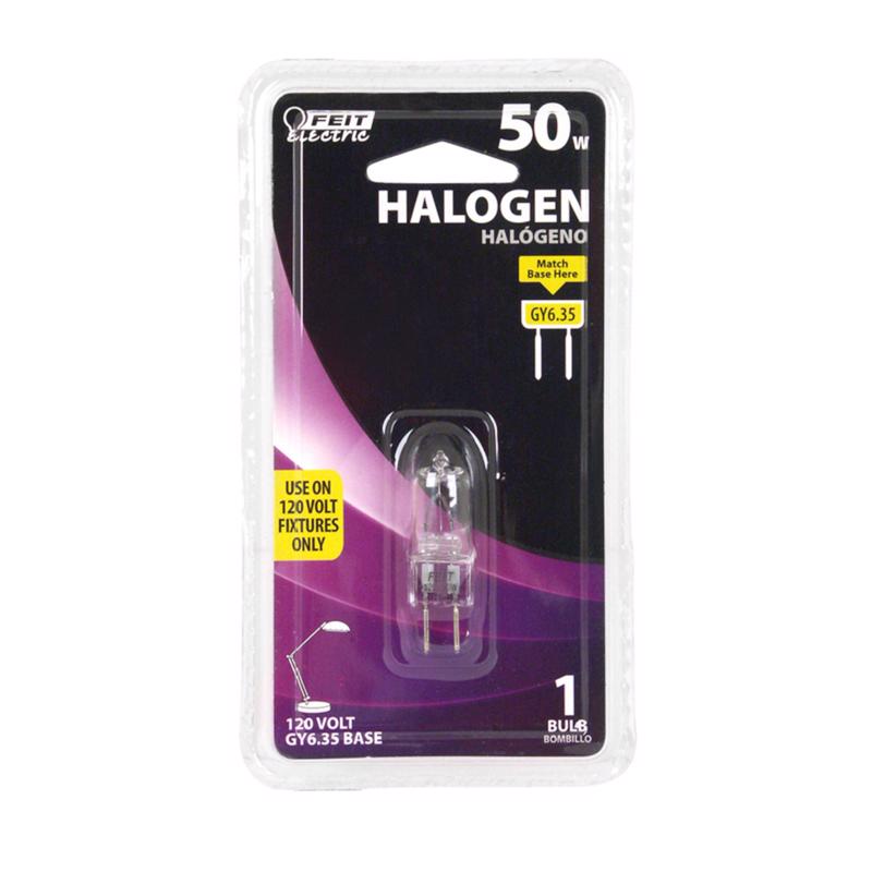 Feit Electric BPQ50T4/JCD Halogen Bulb, 50 W, Candelabra GY6.35 Lamp Base, JCD T4 Lamp, 3000 K Color Temp