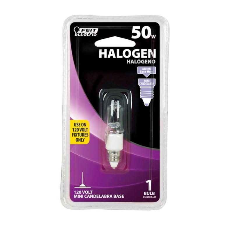 Feit Electric BPQ50/CL/MC/RP Halogen Light Bulb, 50 W, Miniature Candelabra Screw E11 Lamp Base, T4 Lamp