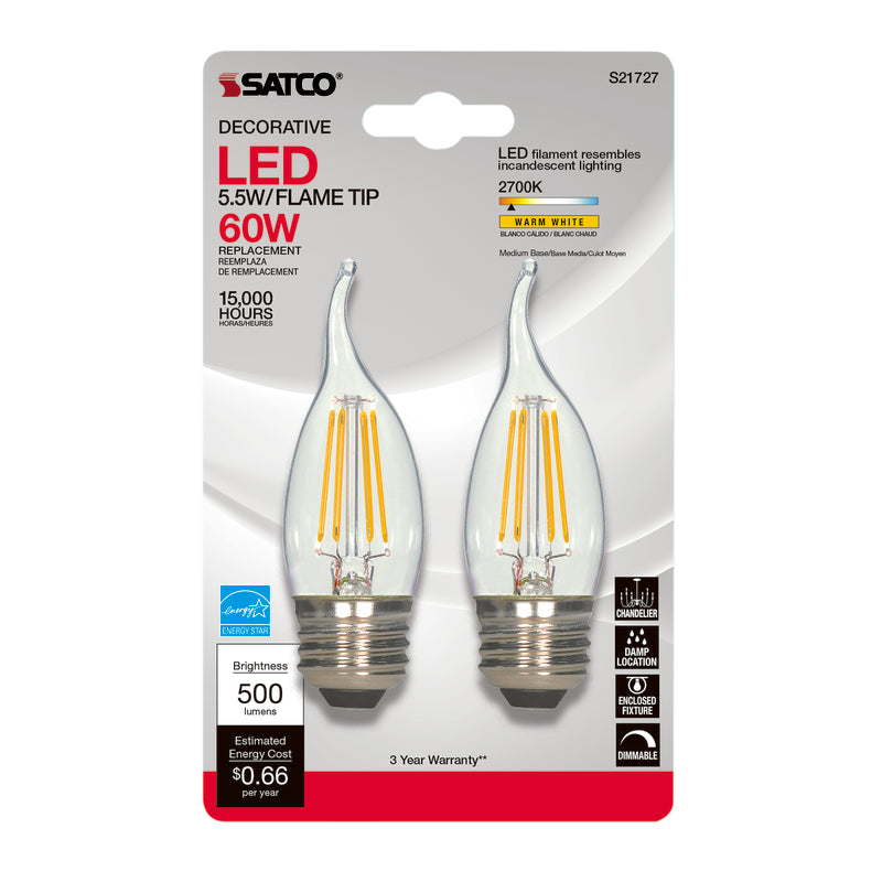 Satco CA10 (Flame Tip) E26 (Medium) LED Bulb Warm White 60 Watt Equivalence 2 pk