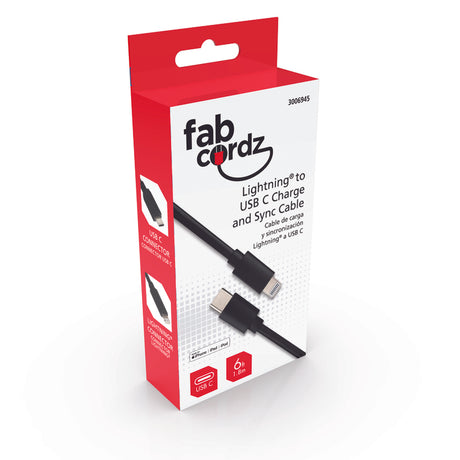 Fabcordz Lightning to USB-C Charge and Sync Cable 6 ft. Black