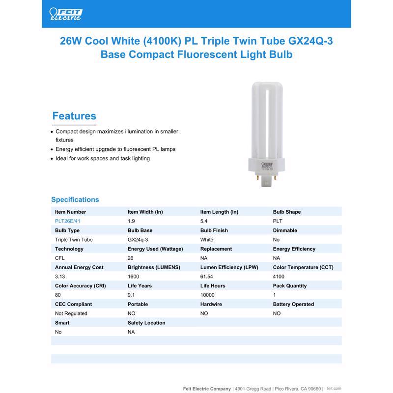 Feit CFL 26 W PL 2.1 in. D X 5.2 in. L Fluorescent Bulb Cool White Tubular 4100 K 1 pk