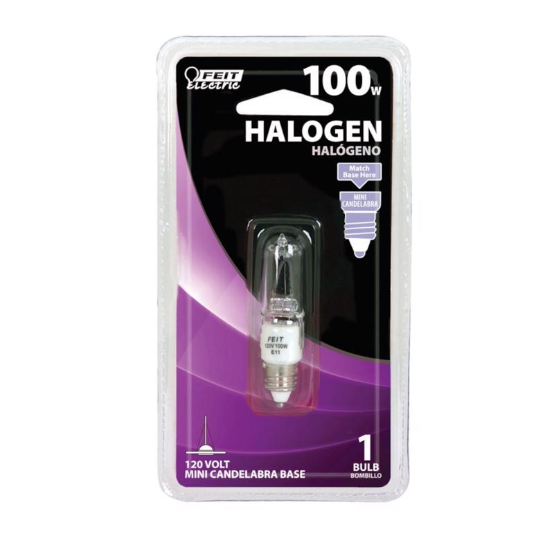 Feit Electric BPQ100/CL/MC Halogen Bulb, 100 W, Candelabra E11 Lamp Base, T4 Lamp, 3000 K Color Temp