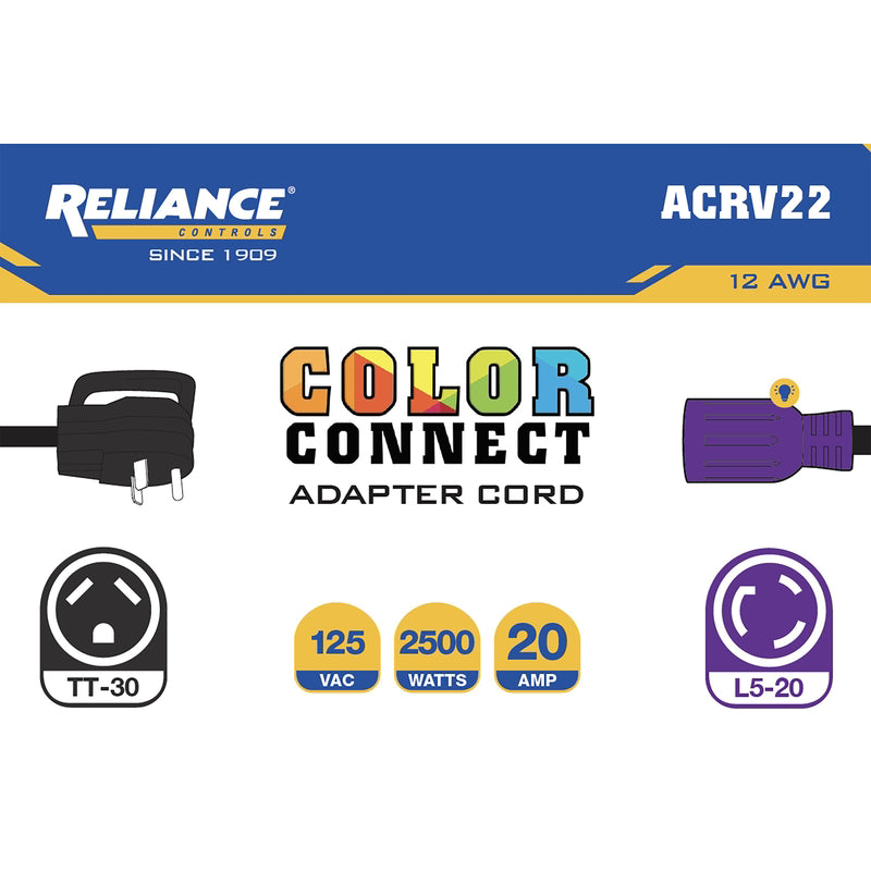 Reliance Controls Color Connect 12/3 SJTW 125 V 12 in. L Adapter Cord