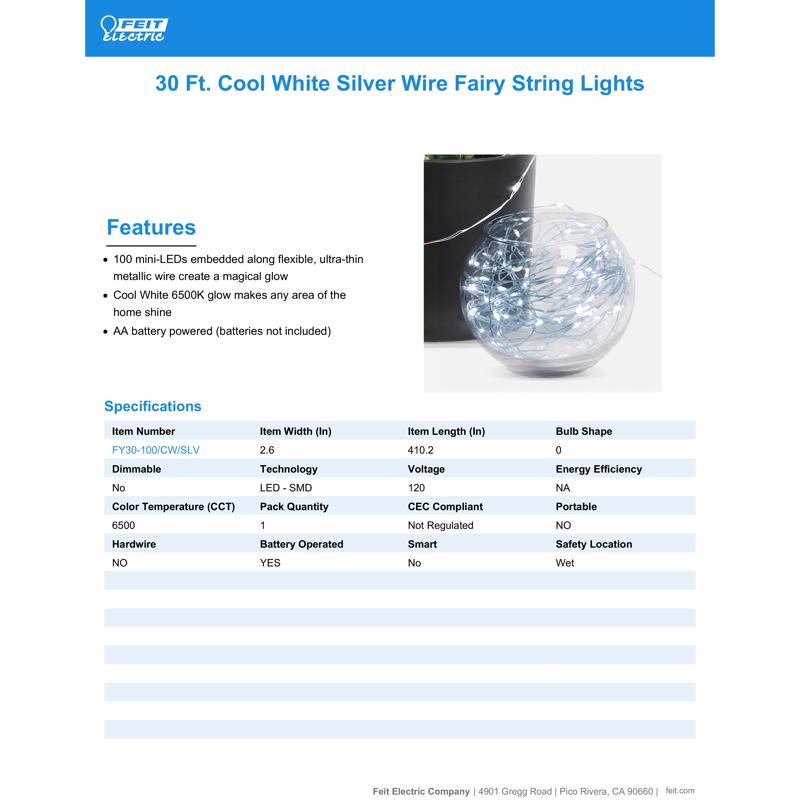 Feit LED Fairy String Lights Cool White 30 ft. 100 lights