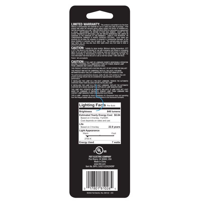 Feit Linear PL GX23 LED Tube Light Soft White 13 Watt Equivalence 1 pk