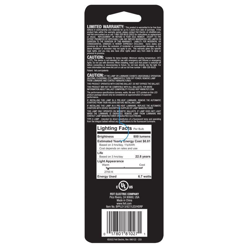 Feit Linear PL G23 LED Tube Light Soft White 9 Watt Equivalence 1 pk