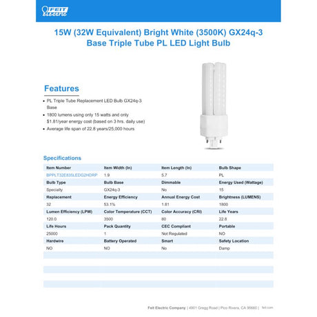 Feit Linear PL GX24Q-3 4-Pin LED Bulb Bright White 32 Watt Equivalence 1 pk