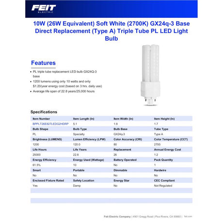 Feit Linear PL GX24Q-3 4-Pin LED Bulb Soft White 26 Watt Equivalence 1 pk