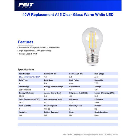 Feit A15 E26 (Medium) Filament LED Bulb Soft White 40 Watt Equivalence 1 pk, Pack of 6