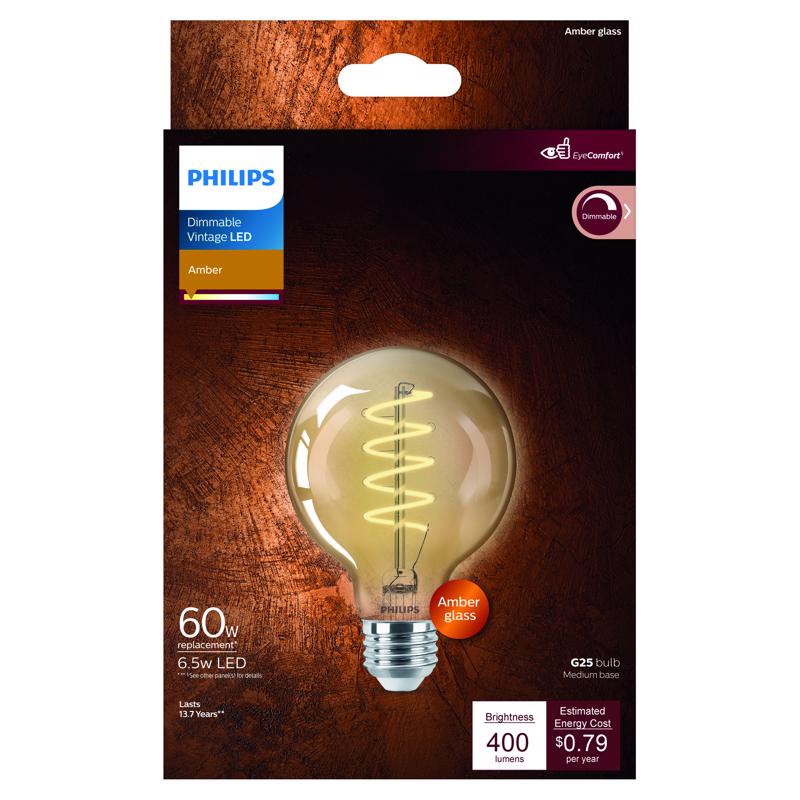 Philips G25 E26 (Medium) LED Bulb Amber 60 Watt Equivalence 1 pk