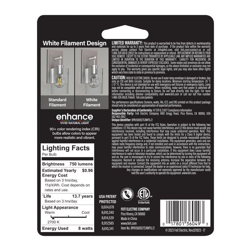 Feit White A15 E26 (Medium) Filament LED Bulb Soft White 60 Watt Equivalence 2 pk