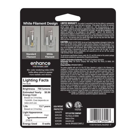 Feit White A15 E26 (Medium) Filament LED Bulb Soft White 60 Watt Equivalence 2 pk