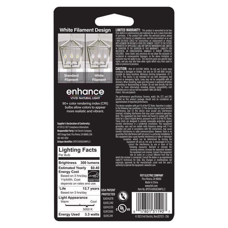 Feit White BA10 E26 (Medium) Filament LED Bulb Daylight 40 Watt Equivalence 2 pk