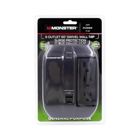 Monster Just Power it Up 0 ft. L 6 outlets Wall Tap Surge Protector w/USB Black 1200 J