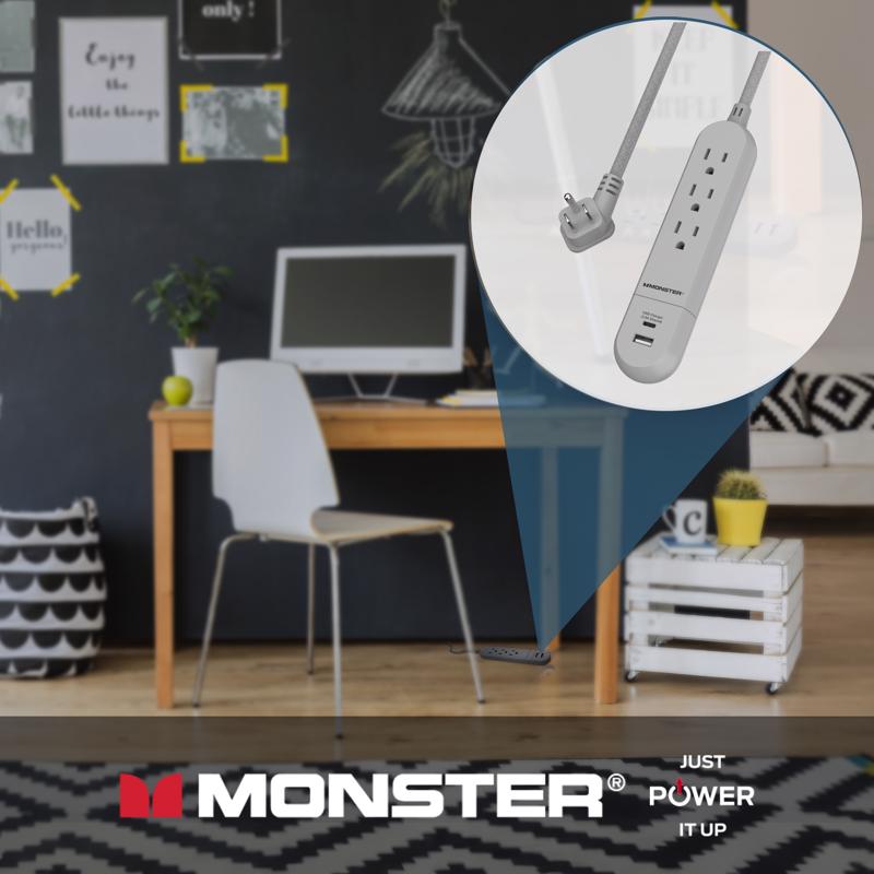 Monster Just Power It Up 4 ft. L 3 outlets Power Strip Gray