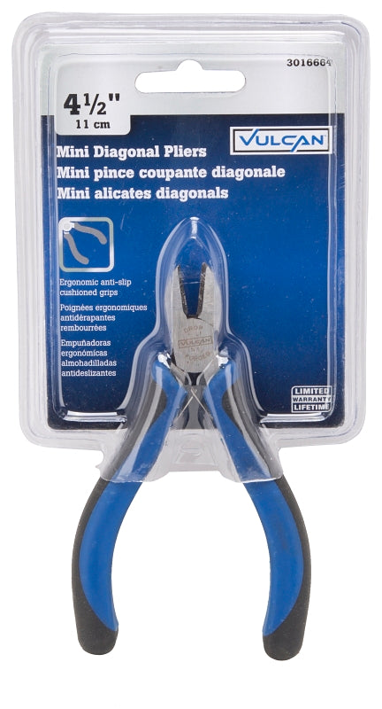 Vulcan JL-NP039 Diagonal Cutting Plier, 4.5 in OAL, 0.8 mm Cutting Capacity, 0.5 in Jaw Opening, Black/Blue Handle