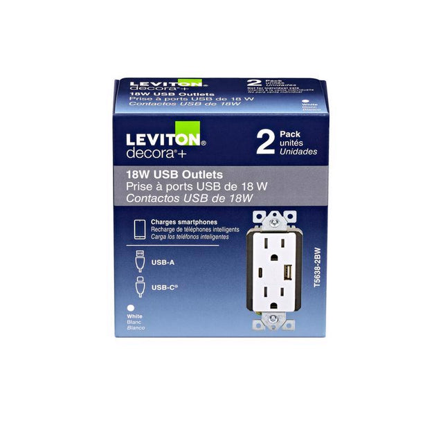 Leviton 15 amps 125 V Type A/C Duplex White Outlet and USB Charger 5-15R 1 pk