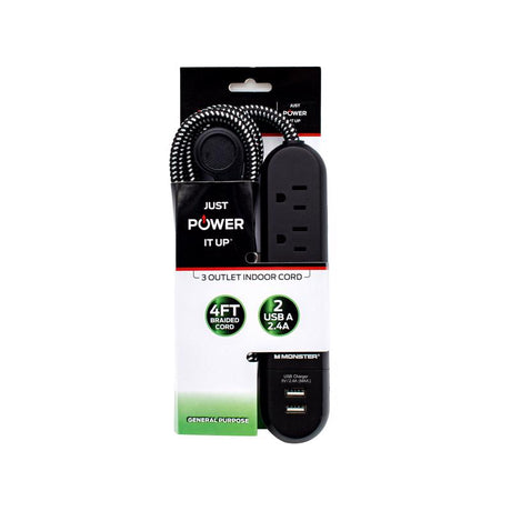 Monster 4 ft. L 3 outlets Power Strip with USB Ports Black