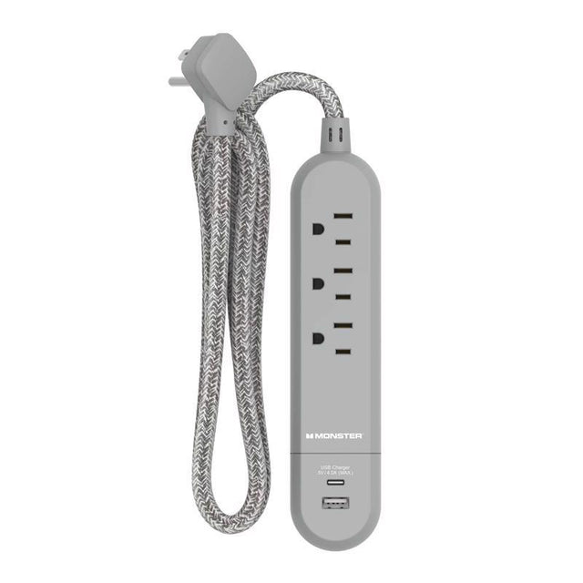 Monster 4 ft. L 3 outlets Power Strip with USB Ports Gray