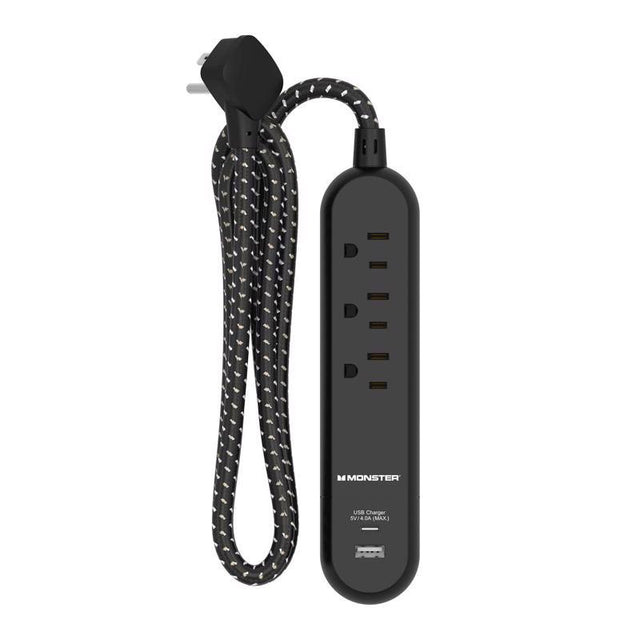 Monster 4 ft. L 3 outlets Power Strip with USB Ports Black