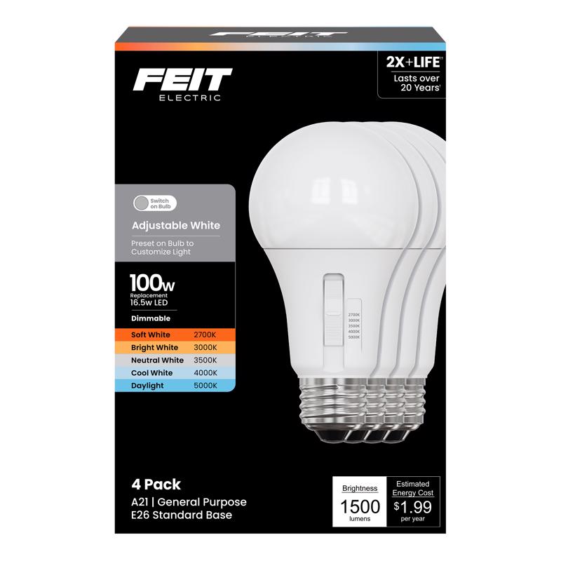 Feit A21 E26 (Medium) LED Bulb Adjustable White 100 Watt Equivalence 4 pk