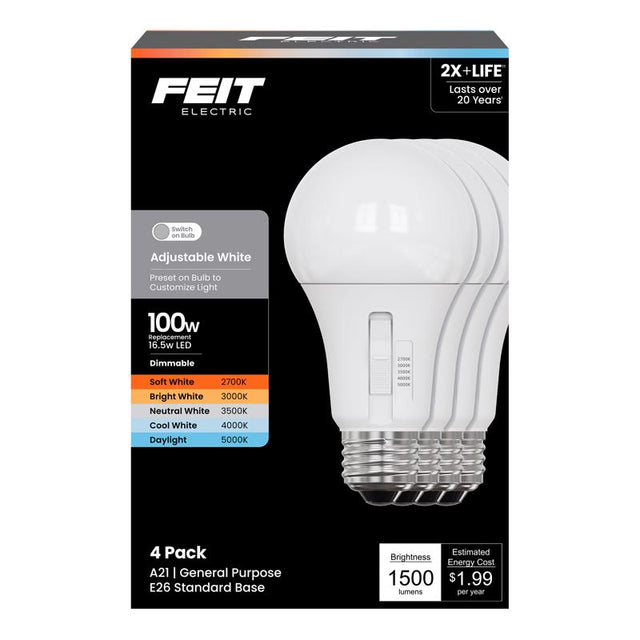 Feit A21 E26 (Medium) LED Bulb Adjustable White 100 Watt Equivalence 4 pk