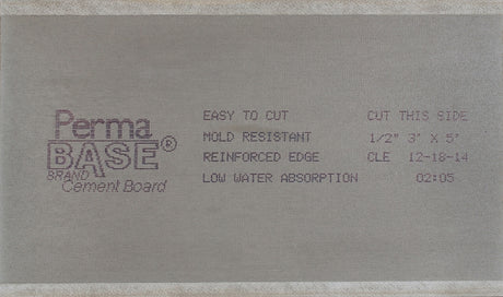 PermaBase CB36120500 Backer Board, 5 ft L, 3 ft W, 1/2 in Thick, Cement/Plastic, Gray, Pack of 50