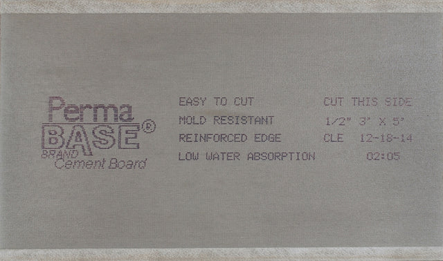 PermaBase CB36120500 Backer Board, 5 ft L, 3 ft W, 1/2 in Thick, Cement/Plastic, Gray, Pack of 50