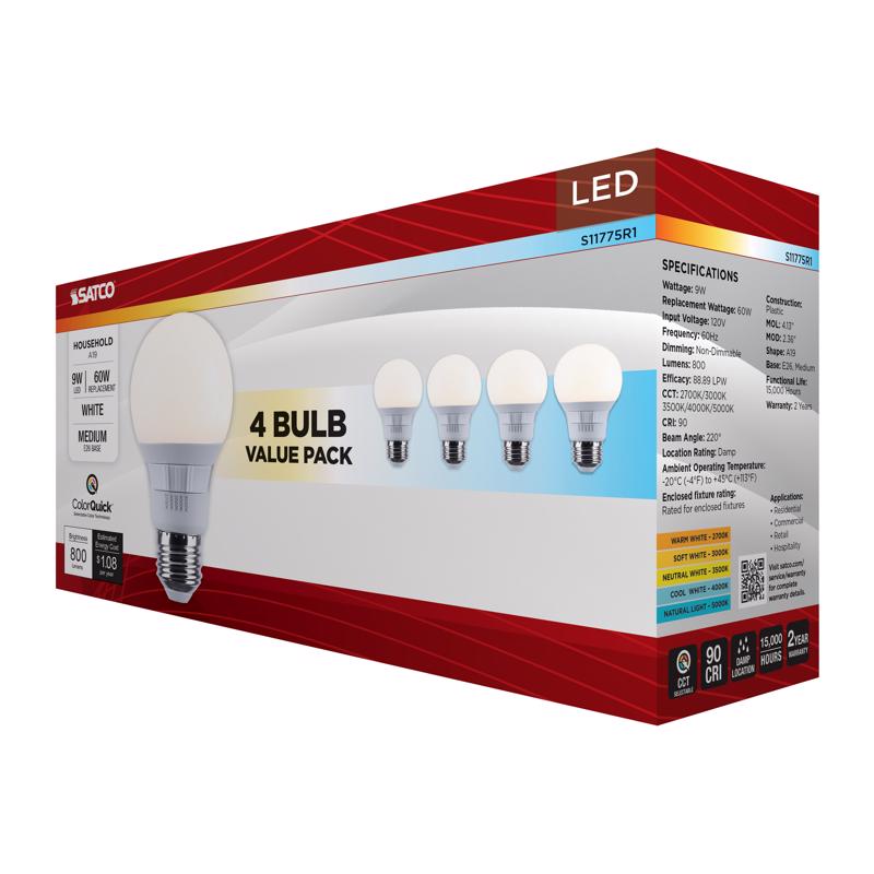 Satco A19 E26 (Medium) LED Bulb Tunable White/Color Changing 60 Watt Equivalence 4 pk