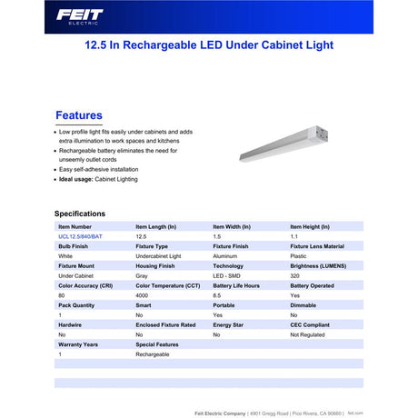 Feit 12.5 in. L White Battery Powered LED Under Cabinet Light Strip 320 lm