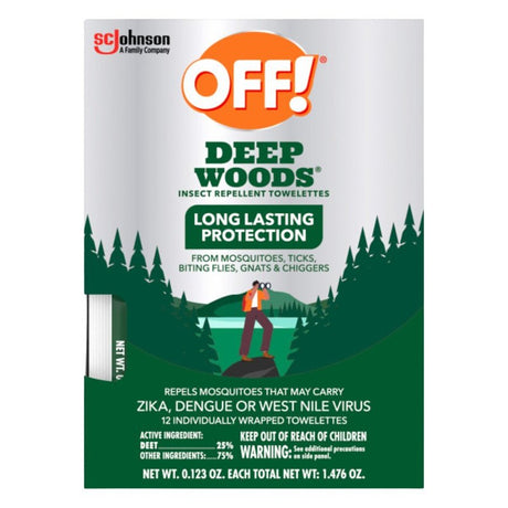 OFF! Deep Woods 54996 Insect Repellent Towelette, 12 CT Pack, Liquid, Clear/White, Alcohol, Pack of 12