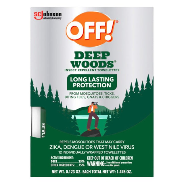 OFF! Deep Woods 54996 Insect Repellent Towelette, 12 CT Pack, Liquid, Clear/White, Alcohol, Pack of 12