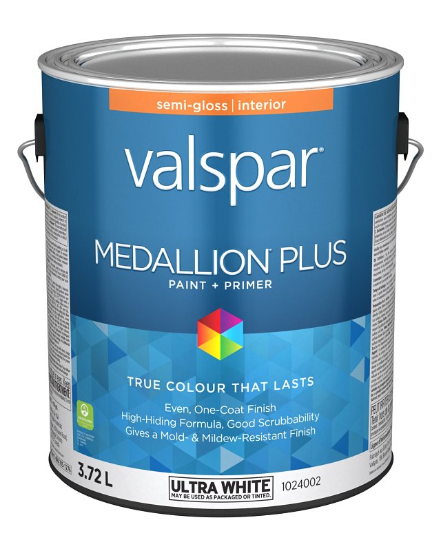 Medallion Plus 029.1024002.007 Interior Paint and Primer, Acrylic, Semi-Gloss, Ultra White, 1 gal, 37 sq-m Coverage Area, Pack of 4