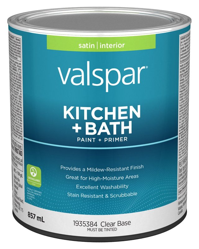 Valspar 029.1935384.005 Kitchen and Bath Interior Paint and Primer, Satin, Clear, 1 qt, Pack of 4
